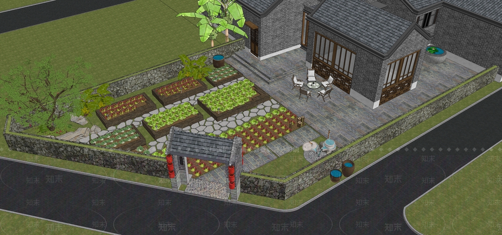 中式乡村庭院SU模型下载【ID:1107968037】
