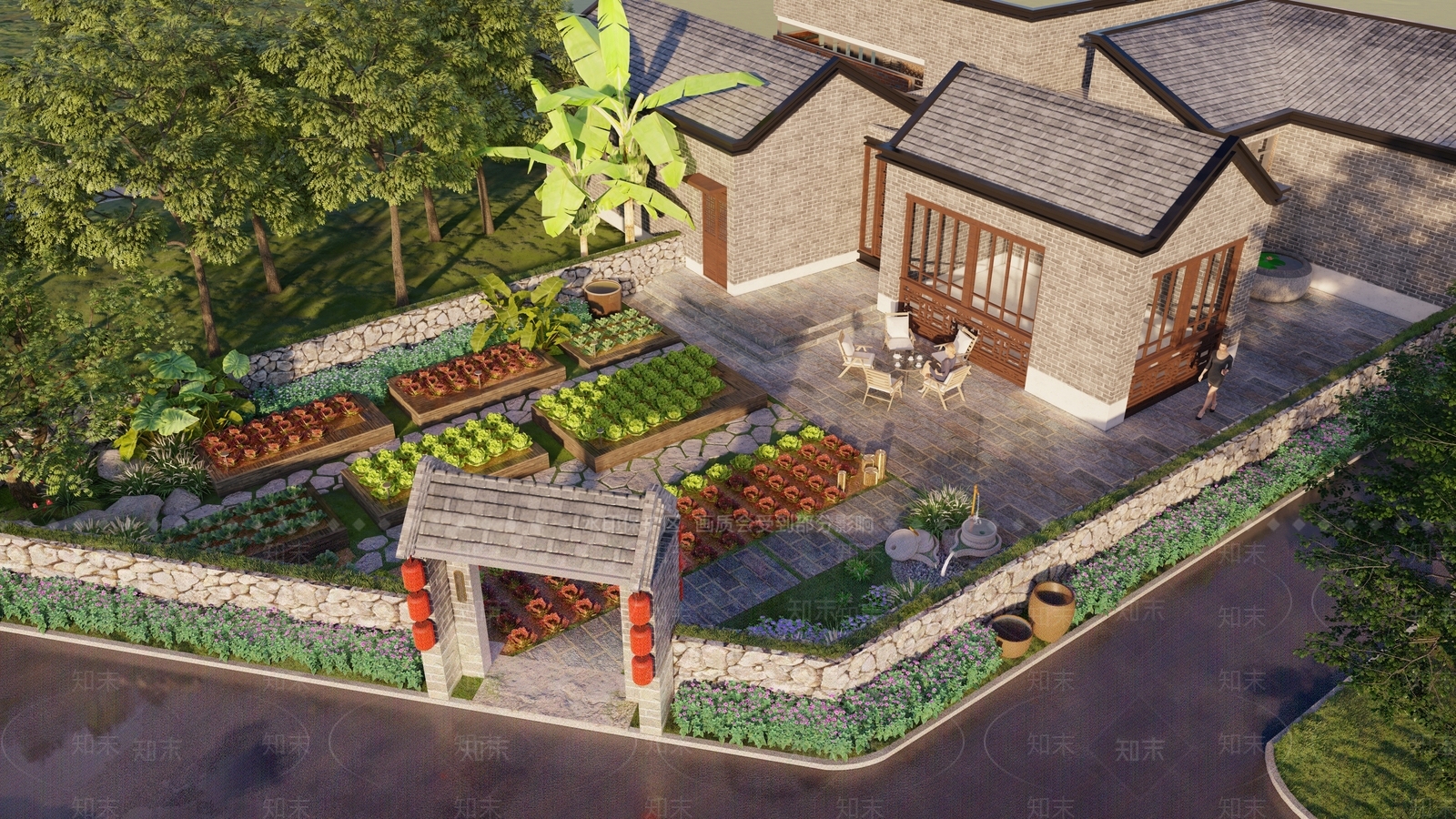 中式乡村庭院SU模型下载【ID:1107968037】
