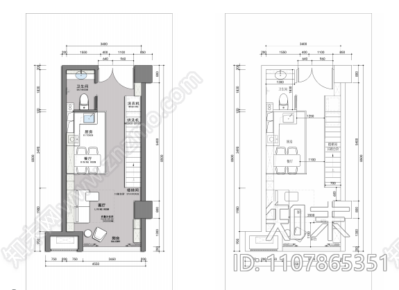 70㎡紧凑型复式三房公寓cad施工图下载【ID:1107865351】