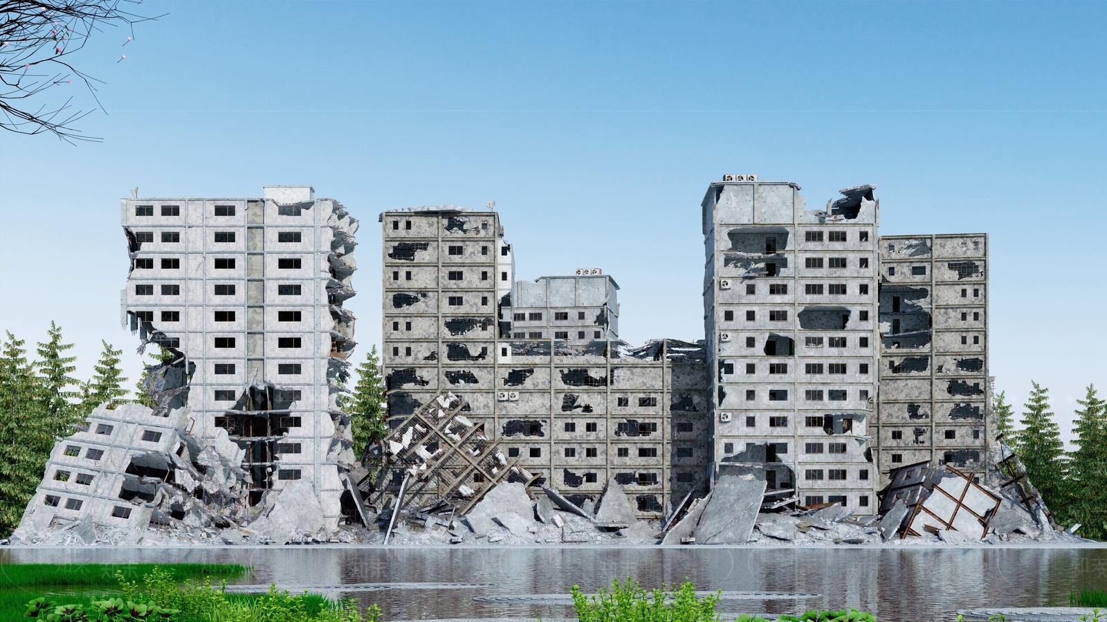 现代废墟建筑外观3D模型下载【ID:1107919461】