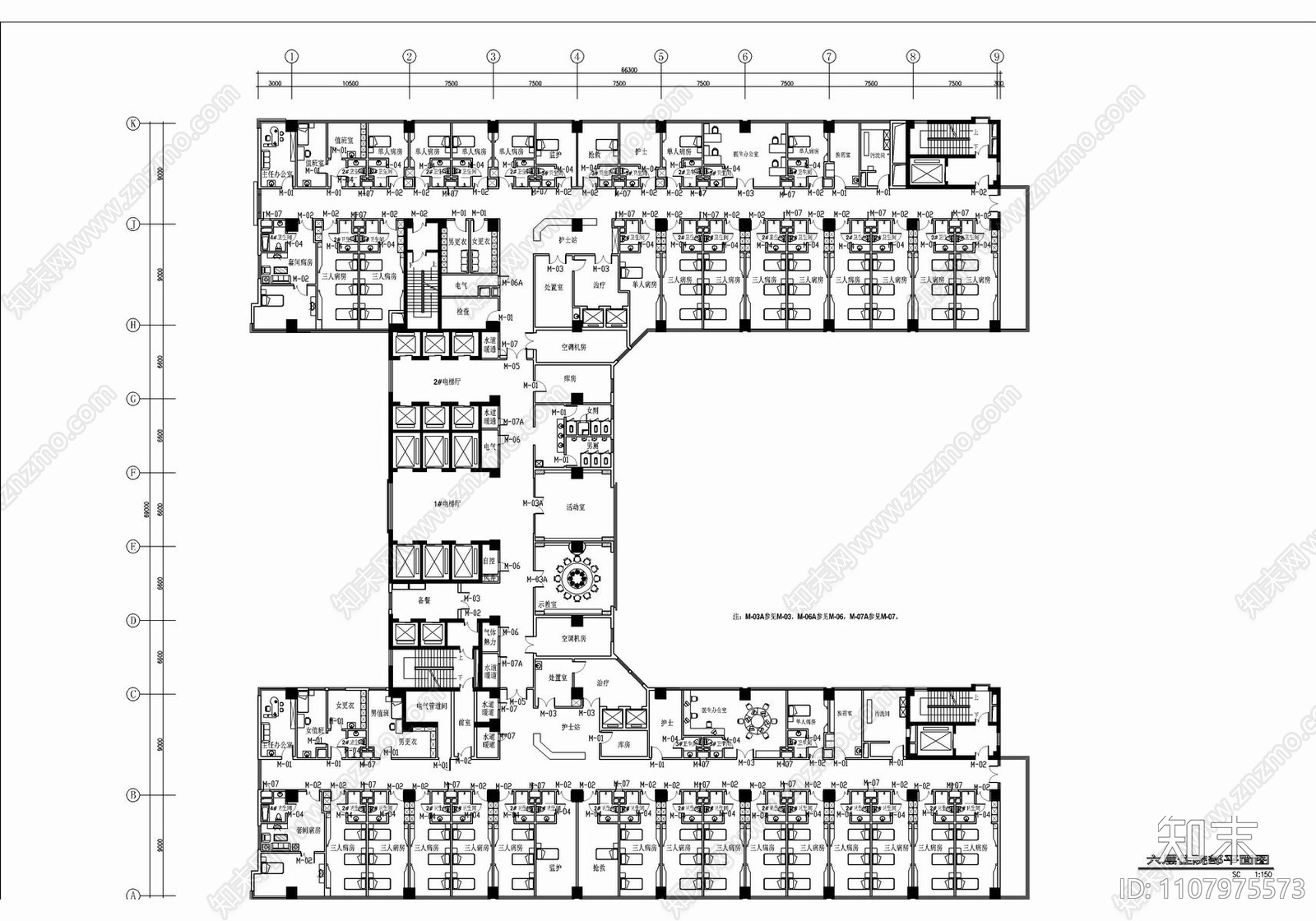 医院住院部cad施工图下载【ID:1107975573】