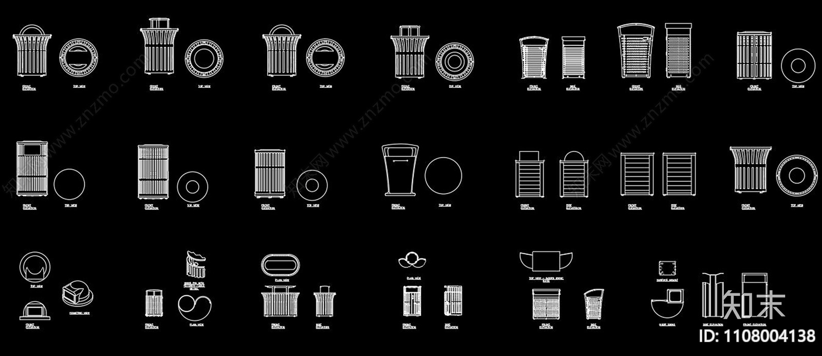 垃圾桶CAD图库施工图下载【ID:1108004138】