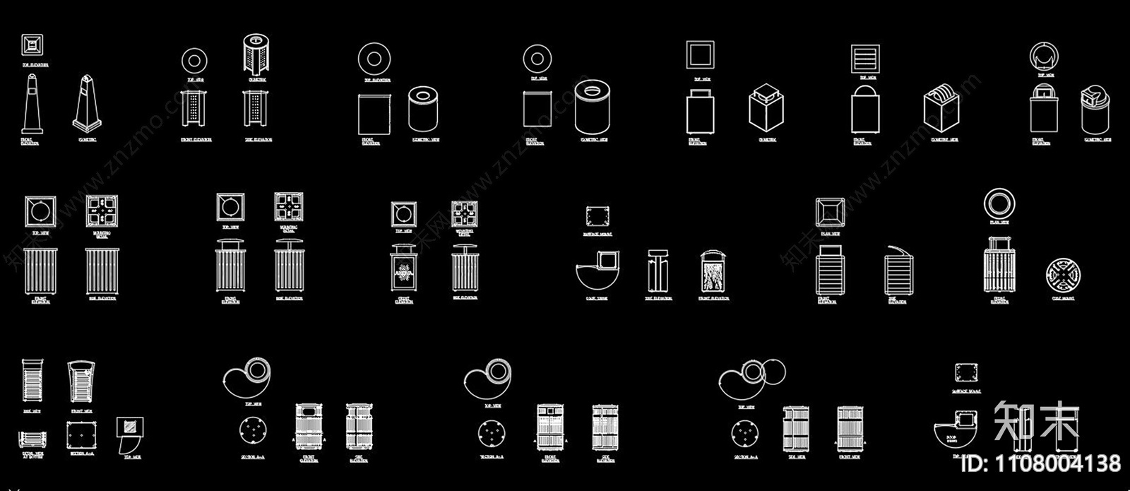 垃圾桶CAD图库施工图下载【ID:1108004138】