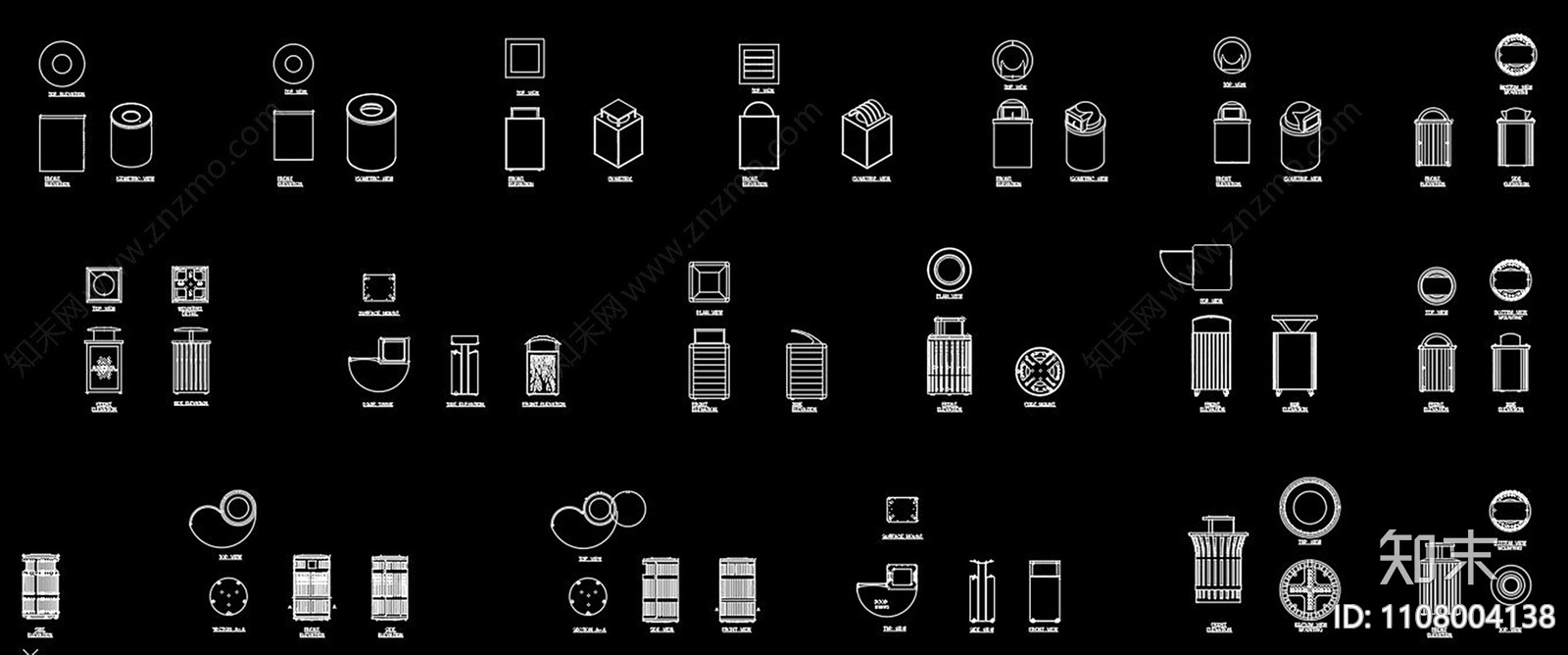 垃圾桶CAD图库施工图下载【ID:1108004138】