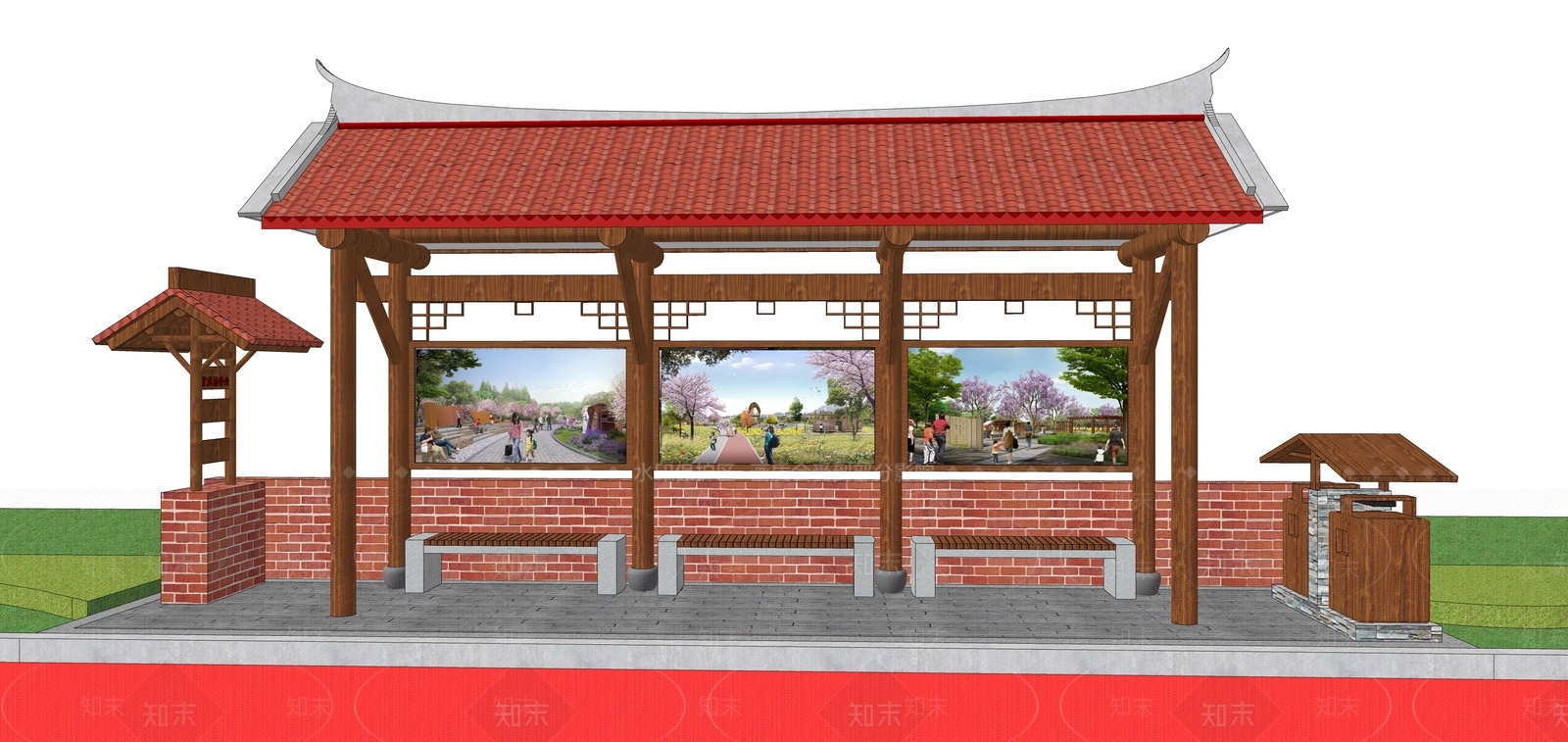 闽南风格美丽乡村公交站SU模型下载【ID:1108027377】