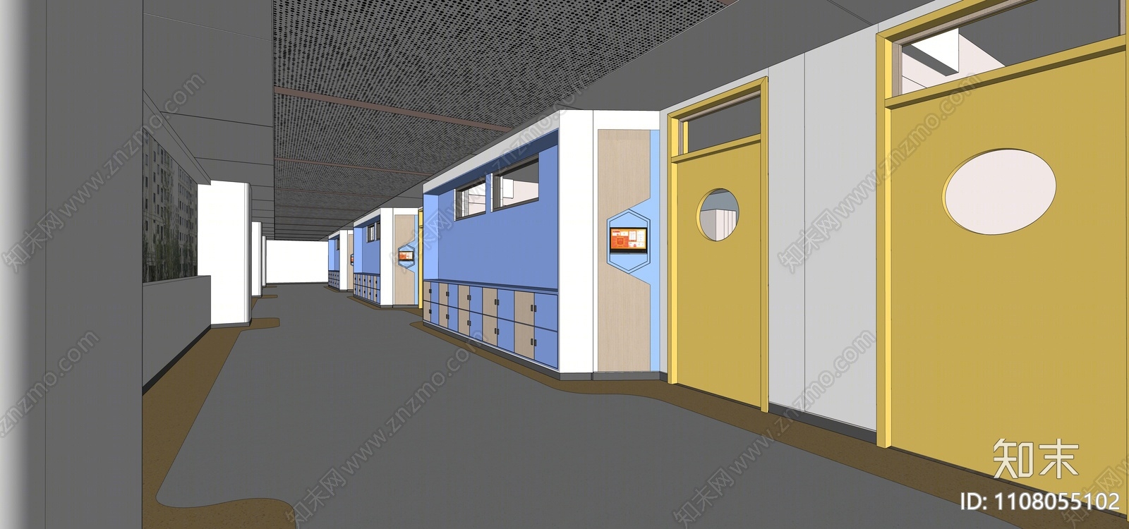现代学校走道空间SU模型下载【ID:1108055102】