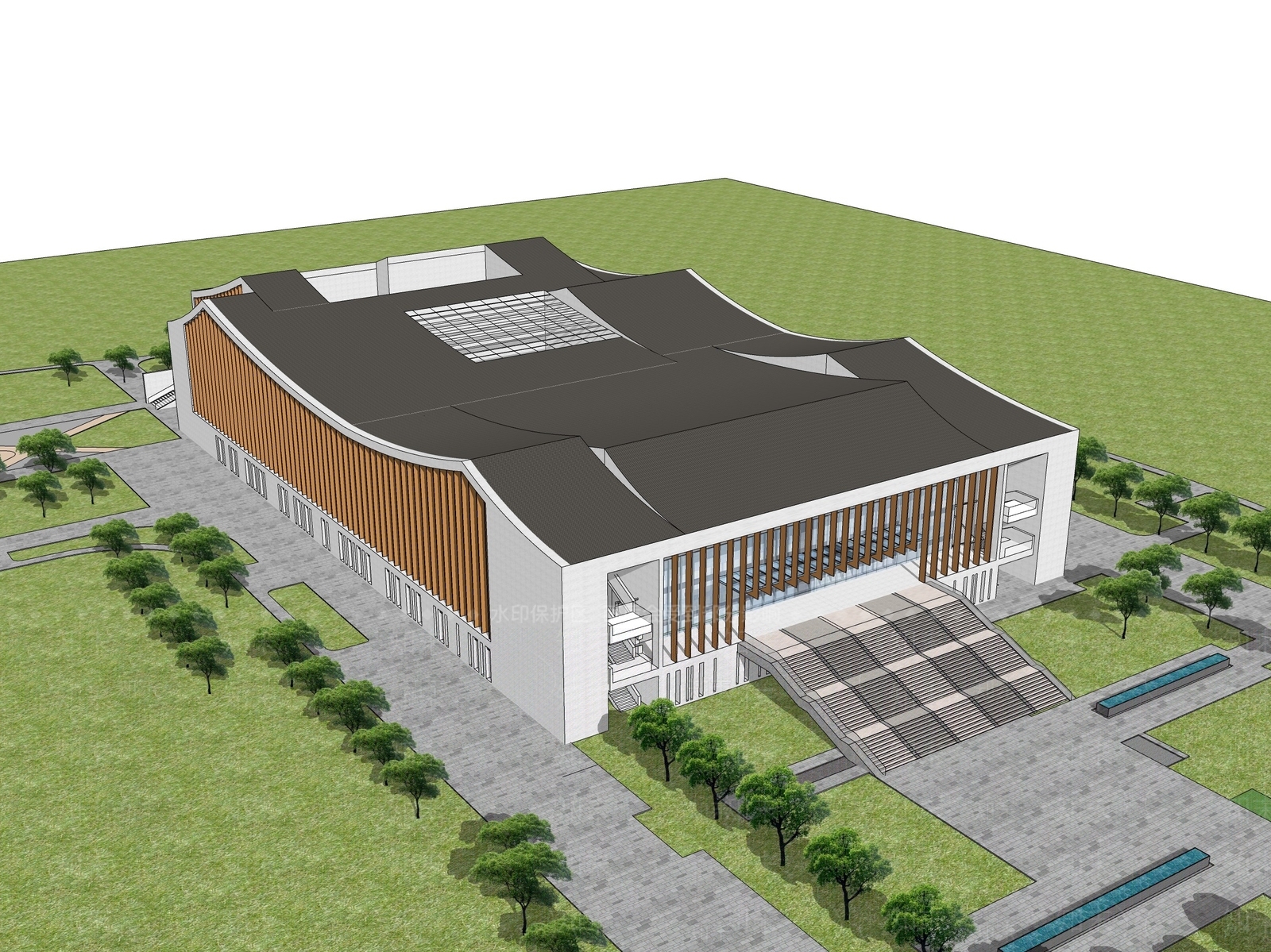 新中式文化馆建筑SU模型下载【ID:1108060588】
