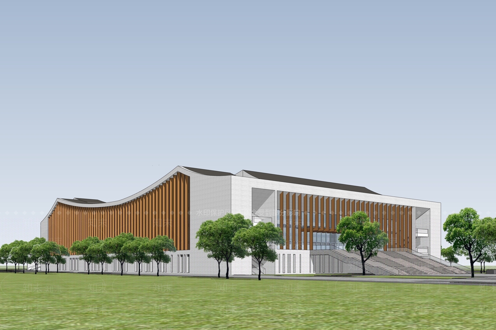 新中式文化馆建筑SU模型下载【ID:1108060588】