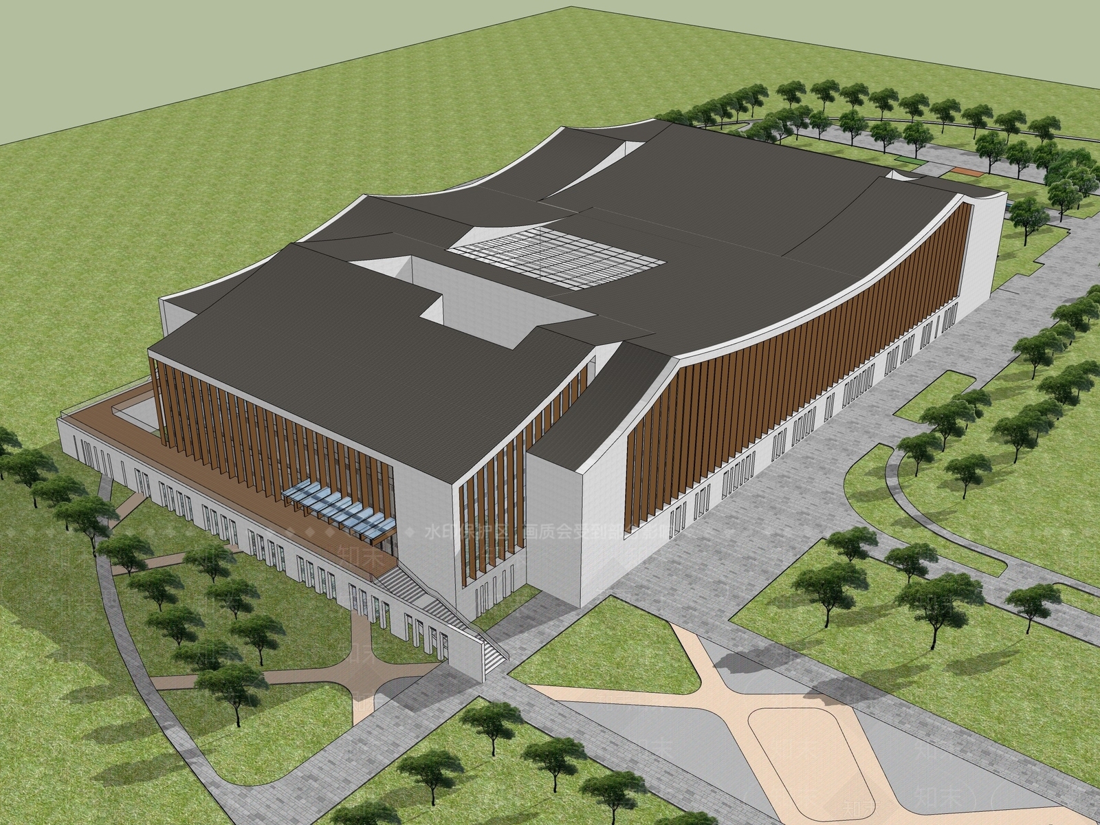 新中式文化馆建筑SU模型下载【ID:1108060588】
