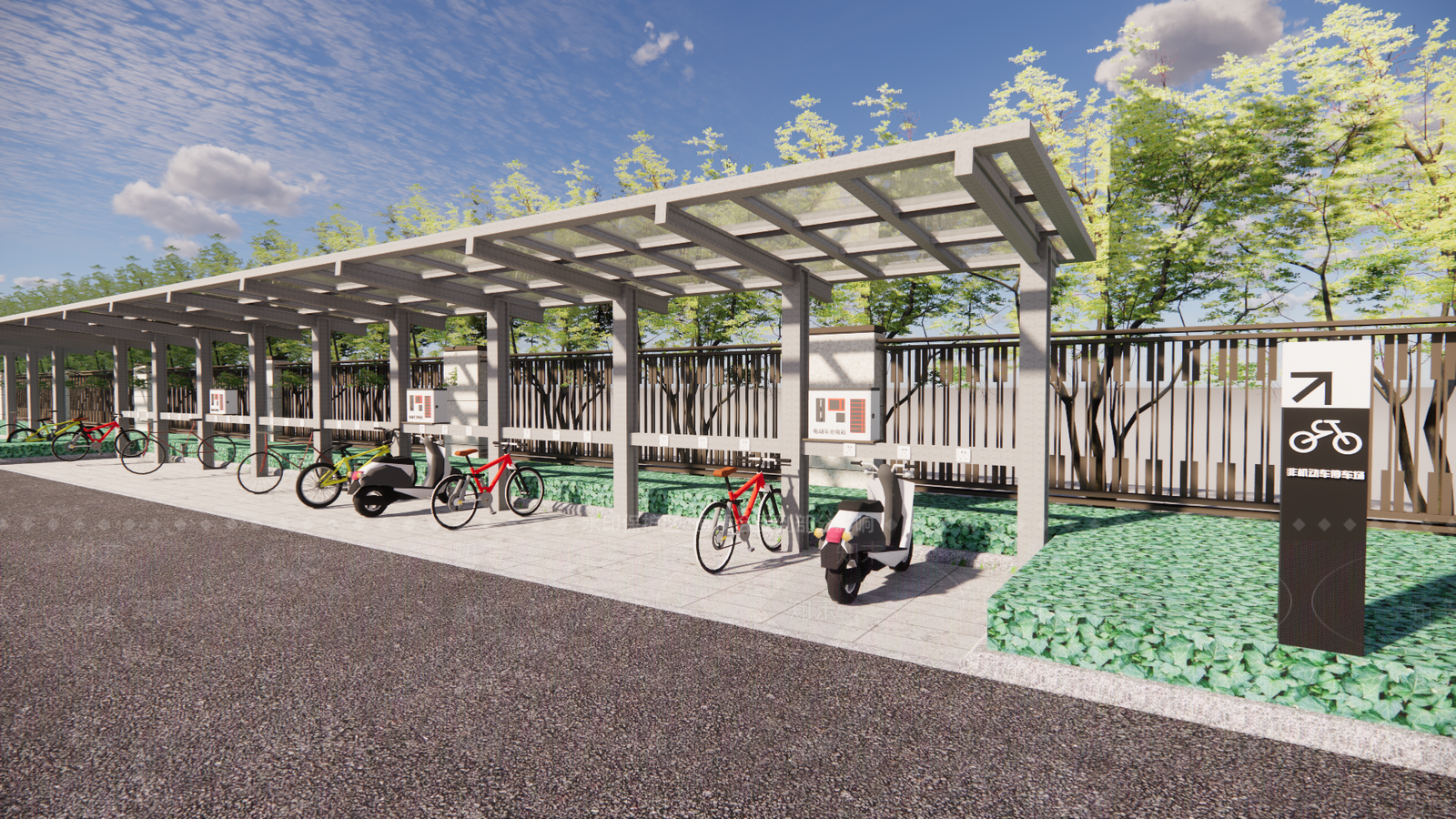 现代电动车自行车停车棚SU模型下载【ID:1108060993】