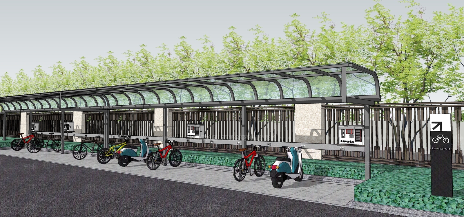 现代电动车自行车停车棚SU模型下载【ID:1108061909】