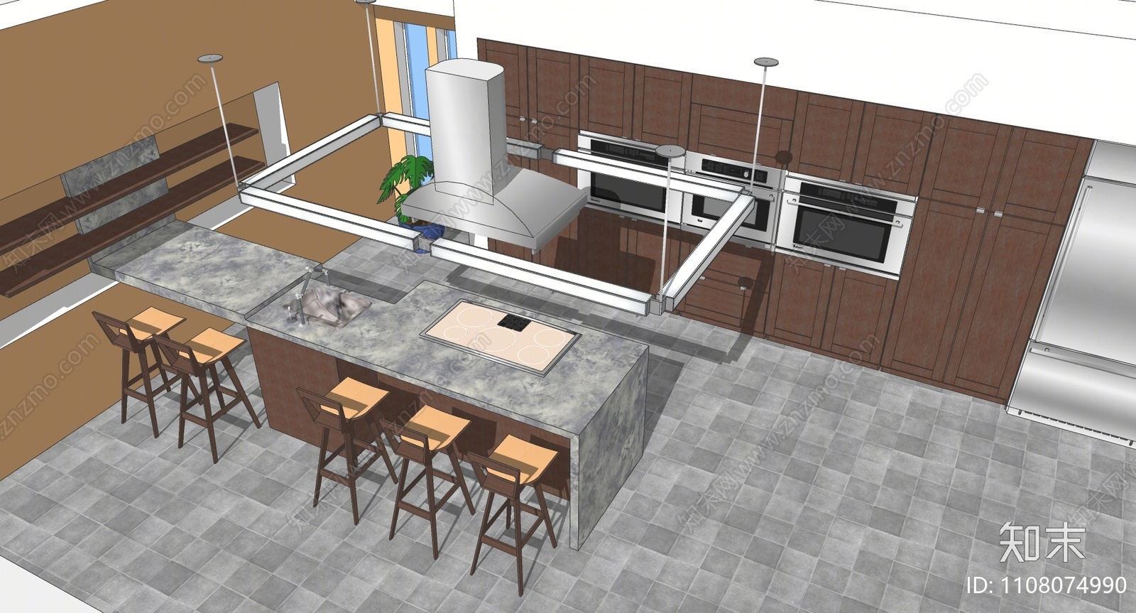 现代开放式厨房SU模型下载【ID:1108074990】