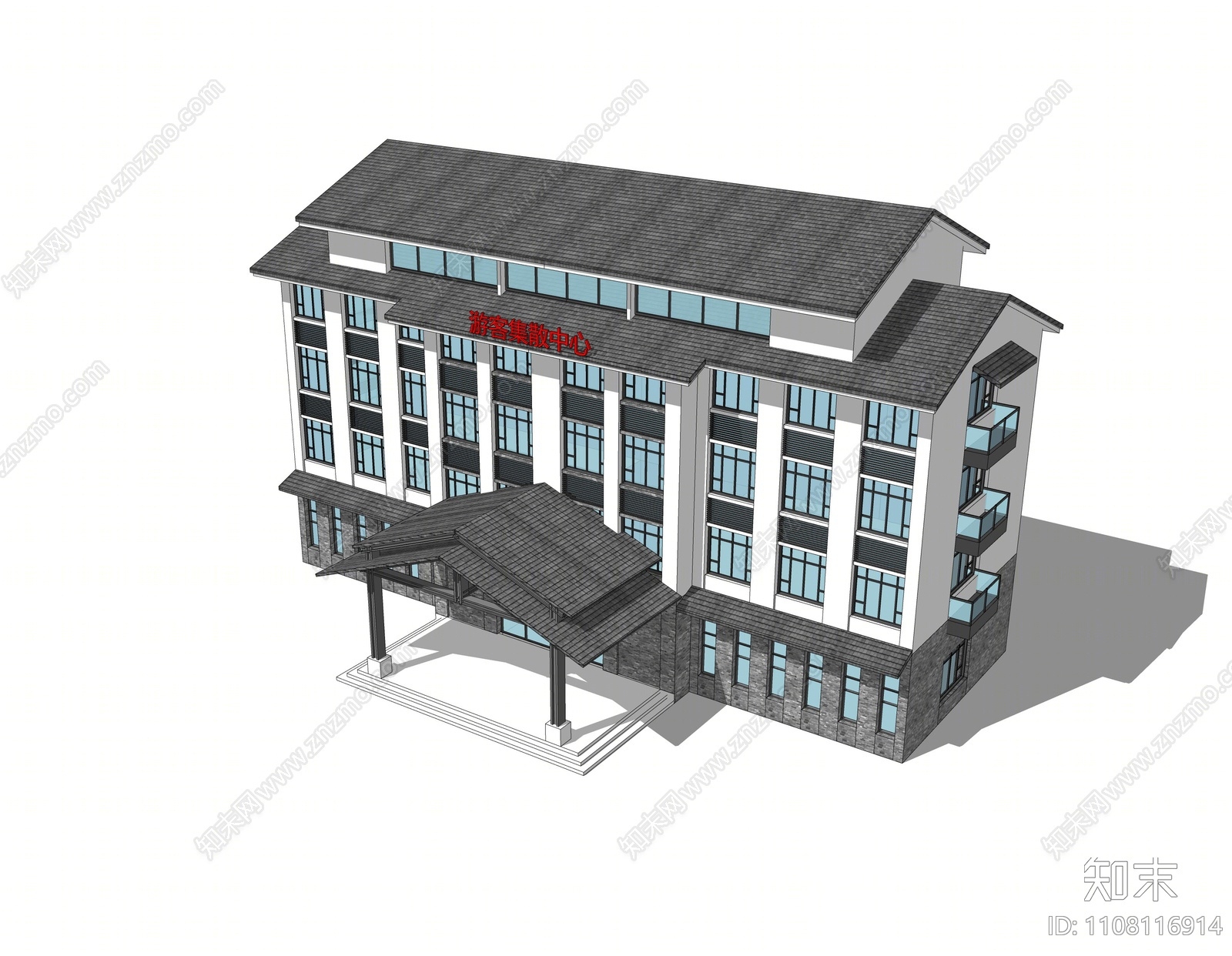 新中式游客中心SU模型下载【ID:1108116914】