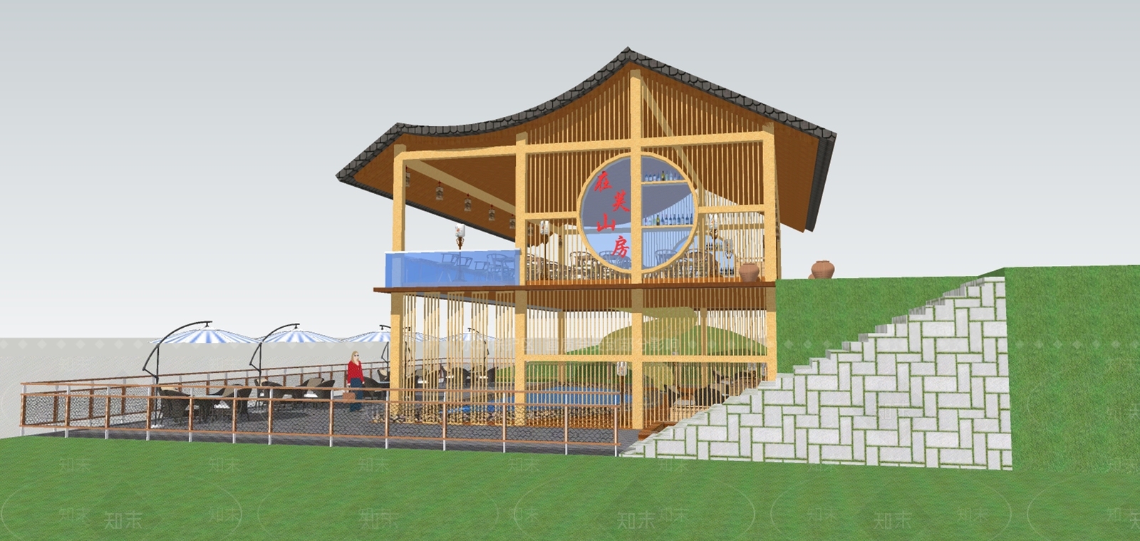 新中式温泉民宿建筑SU模型下载【ID:1108128134】
