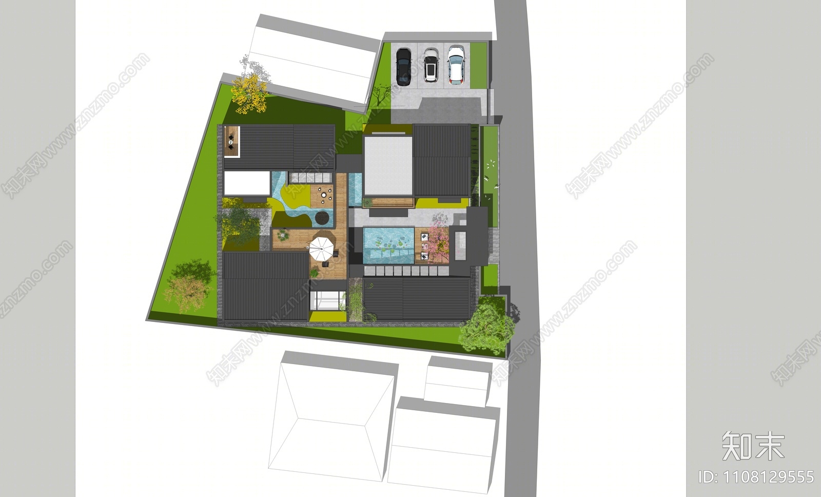 新中式合院建筑SU模型下载【ID:1108129555】