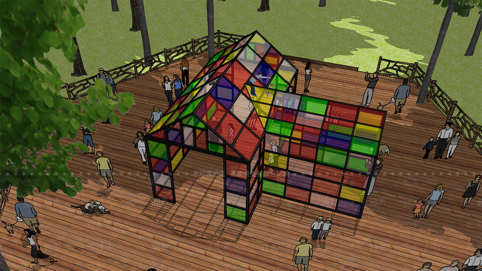 现代户外彩色玻璃亭SU模型下载【ID:1108149428】