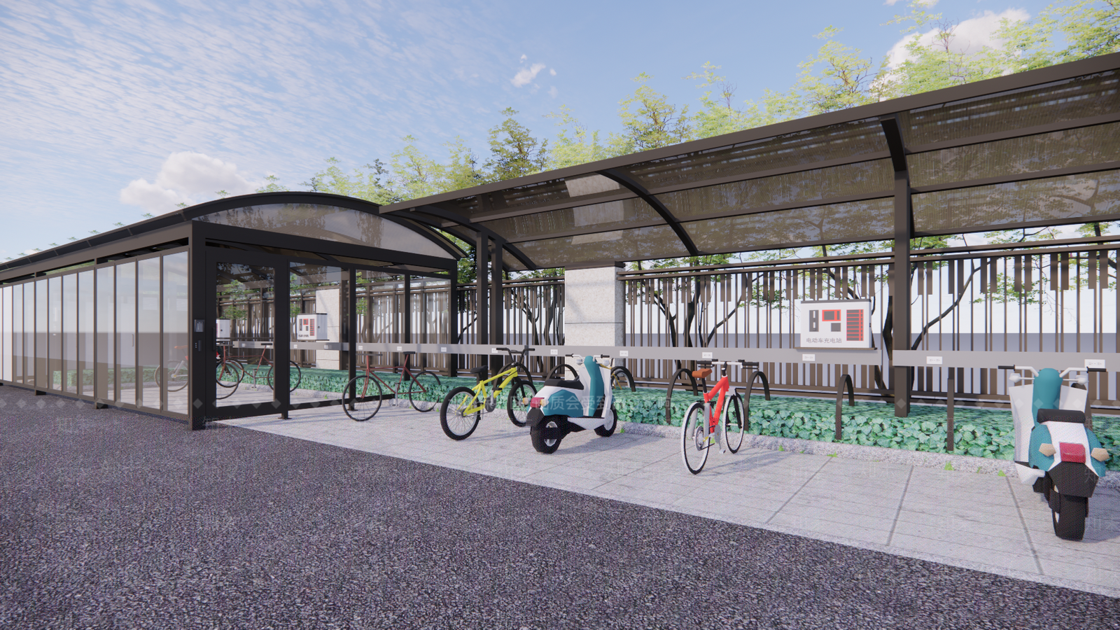 现代电动车自行车停车棚SU模型下载【ID:1108162851】