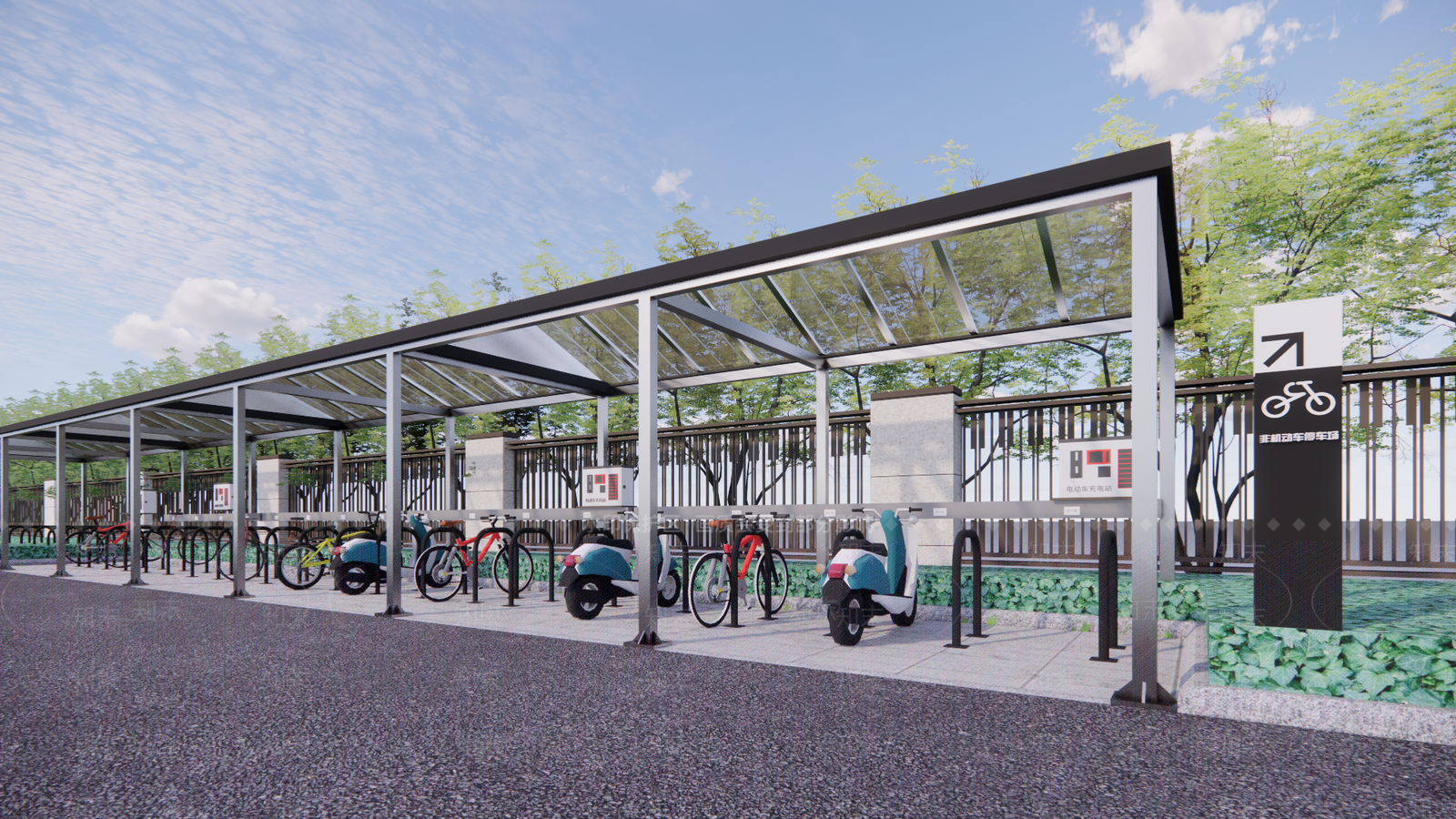 现代电动车自行车停车棚SU模型下载【ID:1108163281】