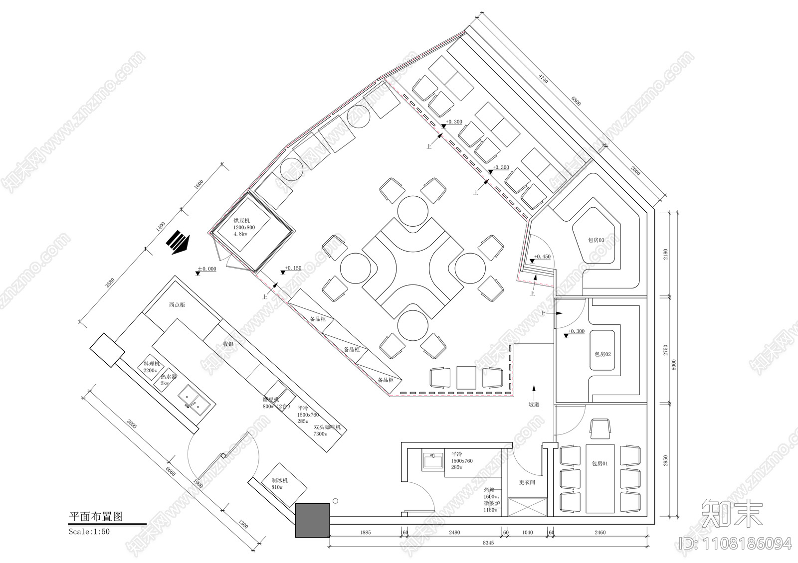 现代简约咖啡店平面布局图cad施工图下载【ID:1108186094】