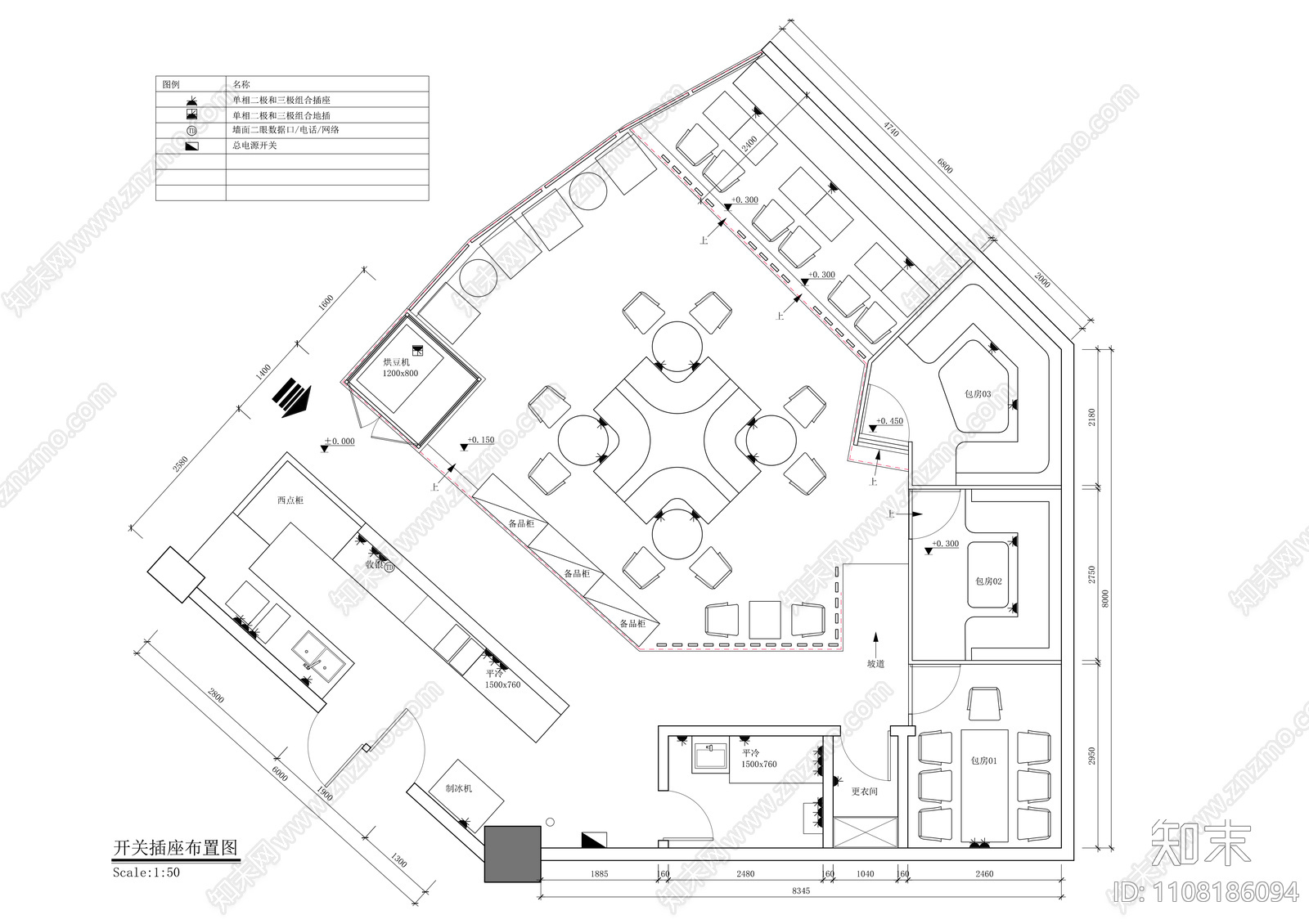 现代简约咖啡店平面布局图cad施工图下载【ID:1108186094】