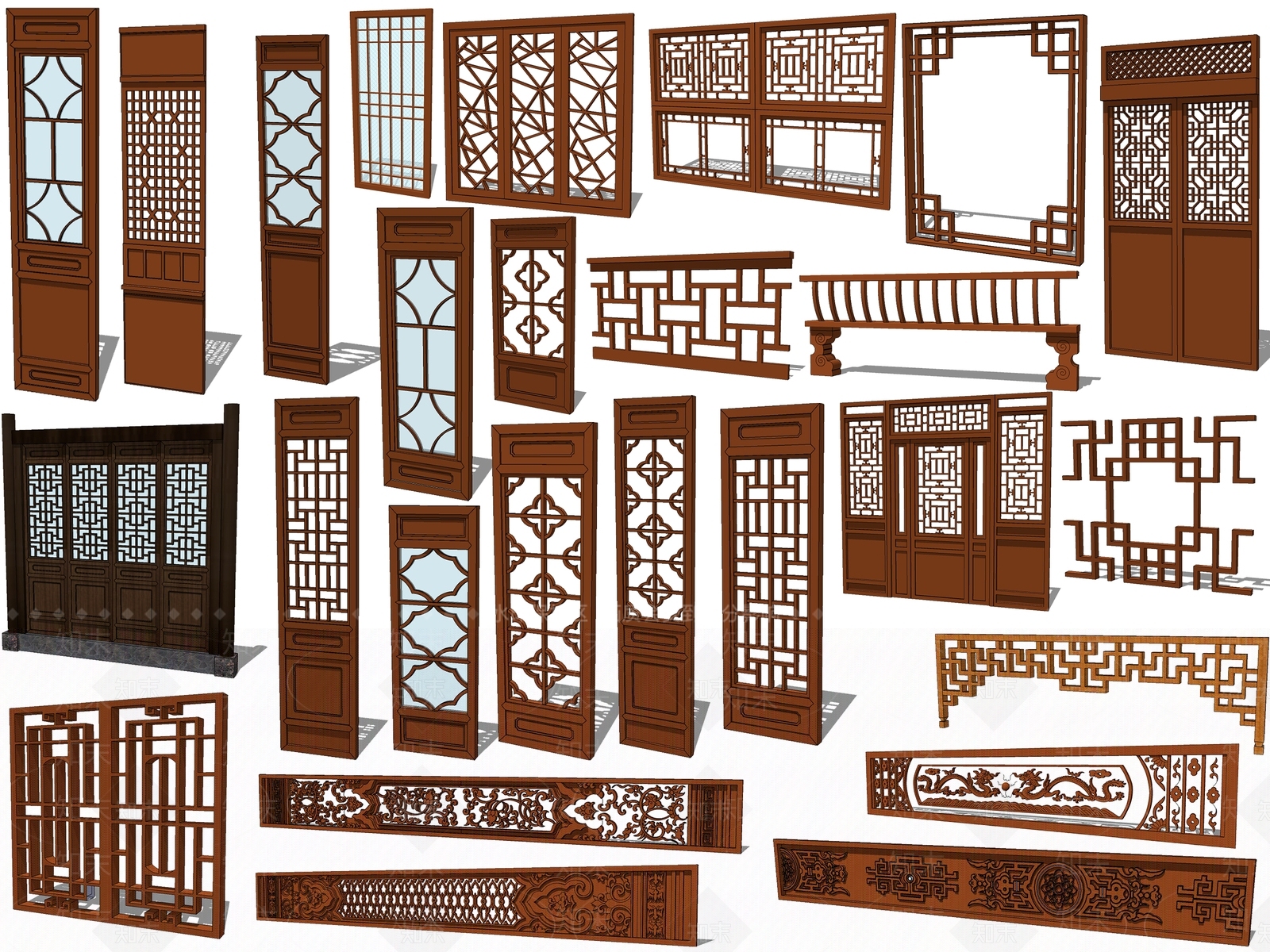 中式风格雕花门窗SU模型下载【ID:1108223380】