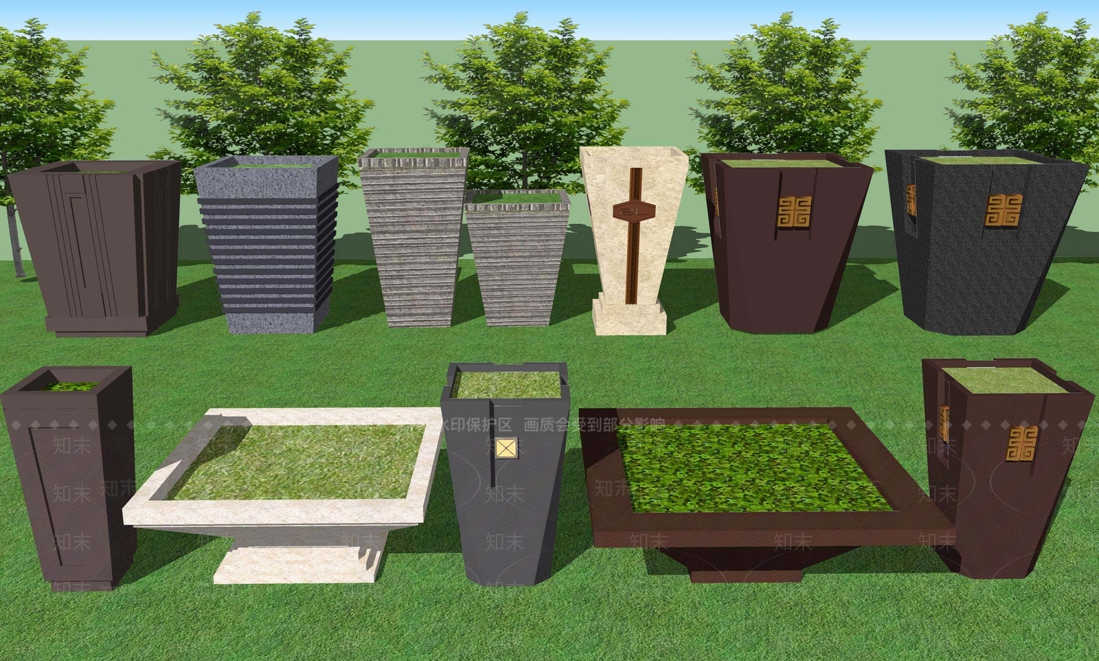 新中式花坛花钵组合SU模型下载【ID:1108260488】