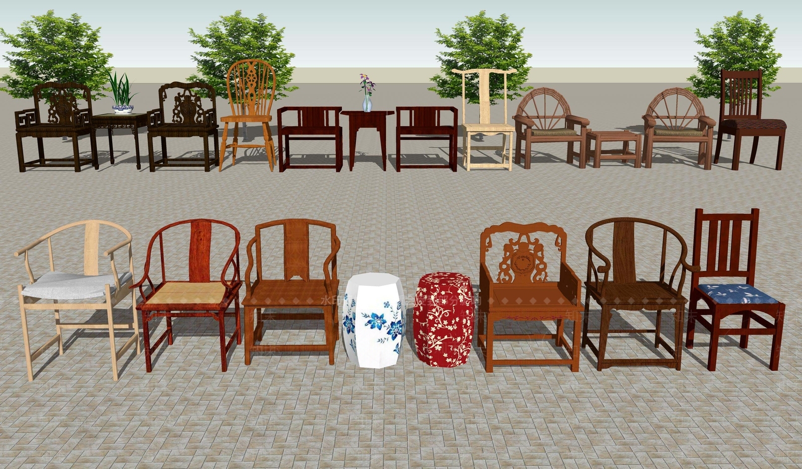 中式太师椅子组合SU模型下载【ID:1108267946】