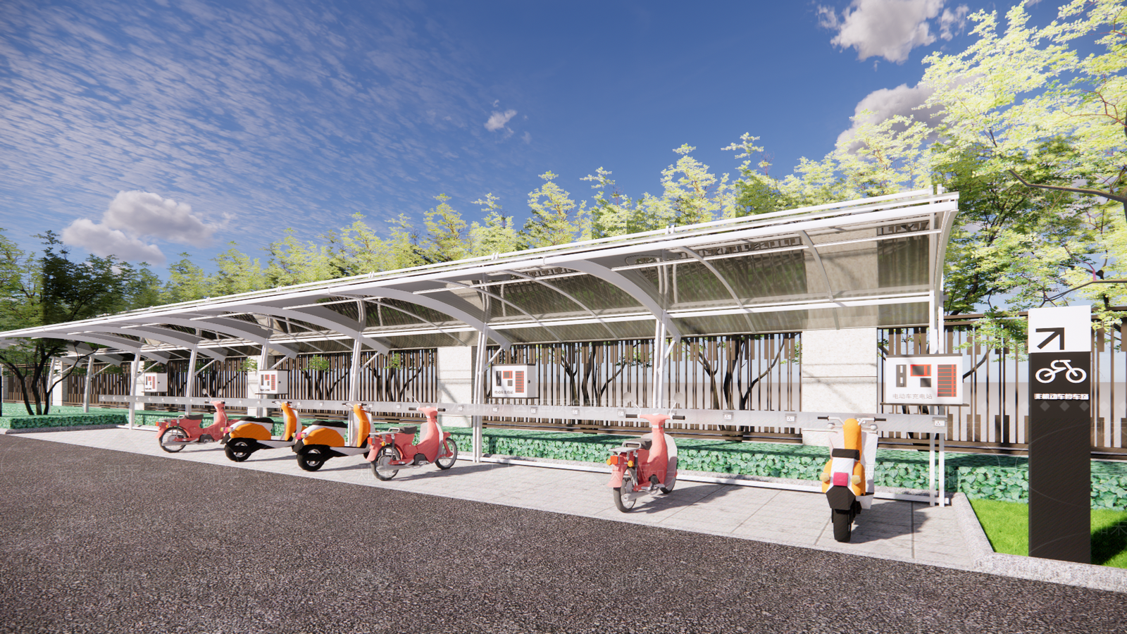 现代电动车自行车停车棚SU模型下载【ID:1108287403】