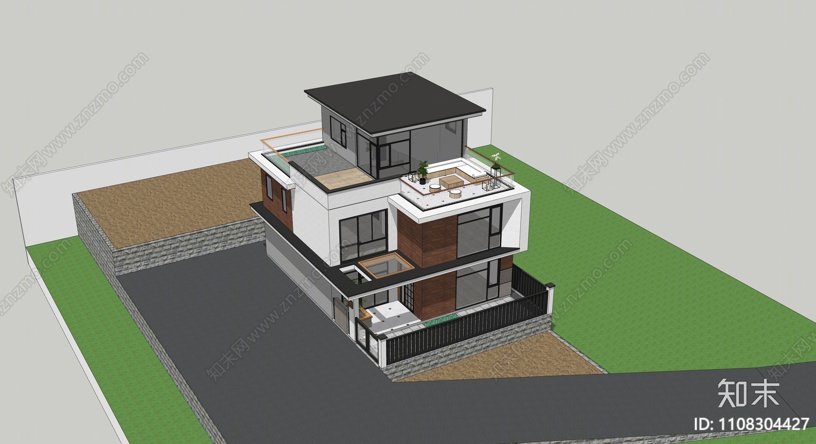 现代独栋别墅SU模型下载【ID:1108304427】