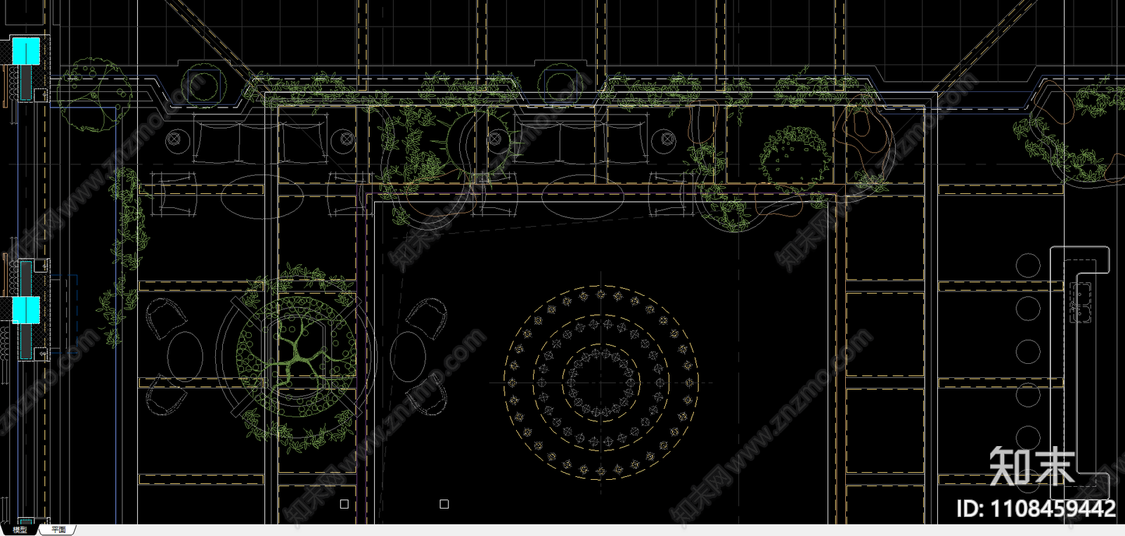 四季厅家具及绿化布置定位平面图cad施工图下载【ID:1108459442】