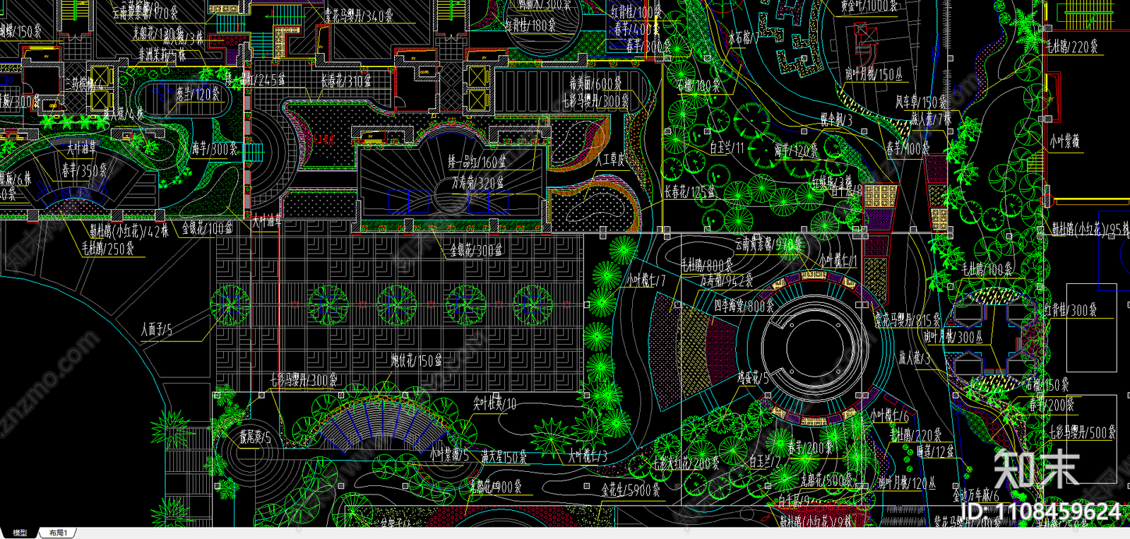 绿化配植总平面图cad施工图下载【ID:1108459624】