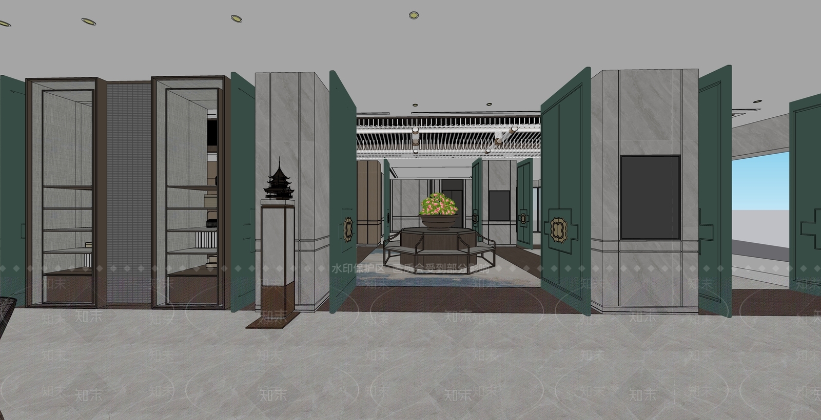 新中式酒店大堂SU模型下载【ID:1108469034】