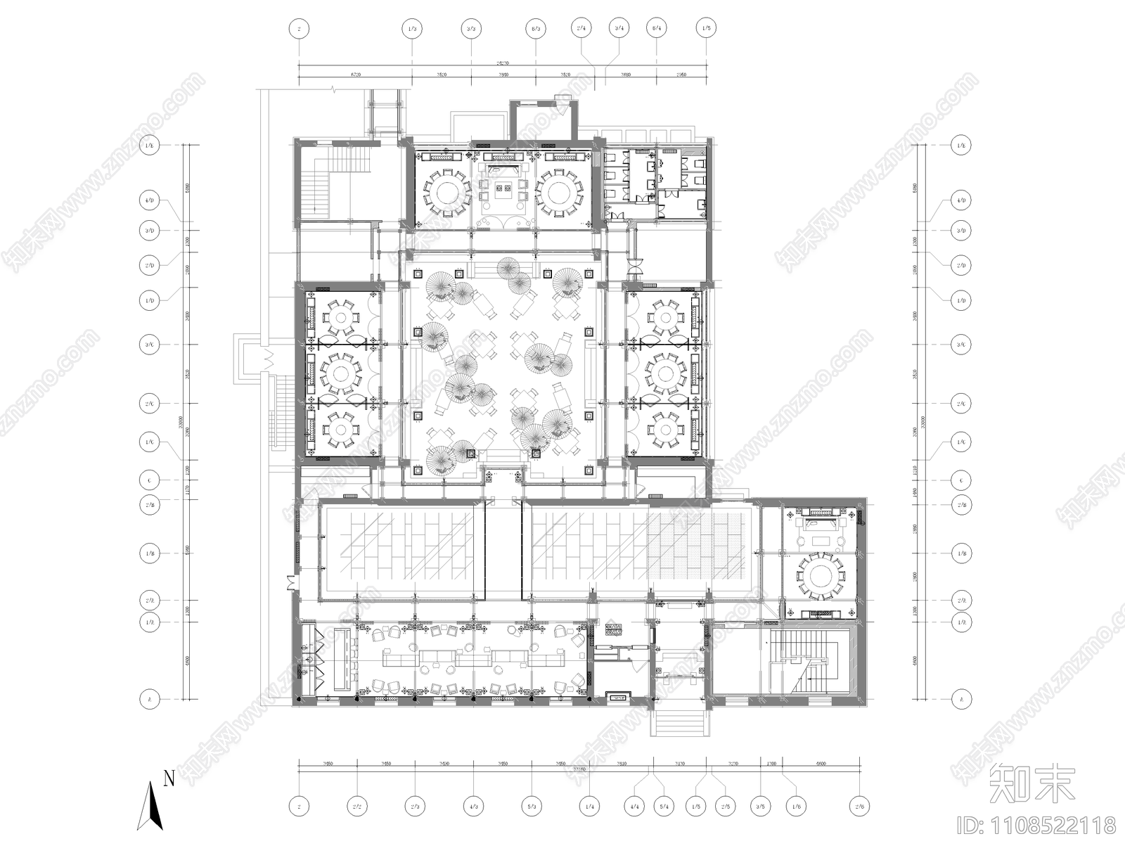 1000㎡餐厅室内建筑景观cad施工图下载【ID:1108522118】