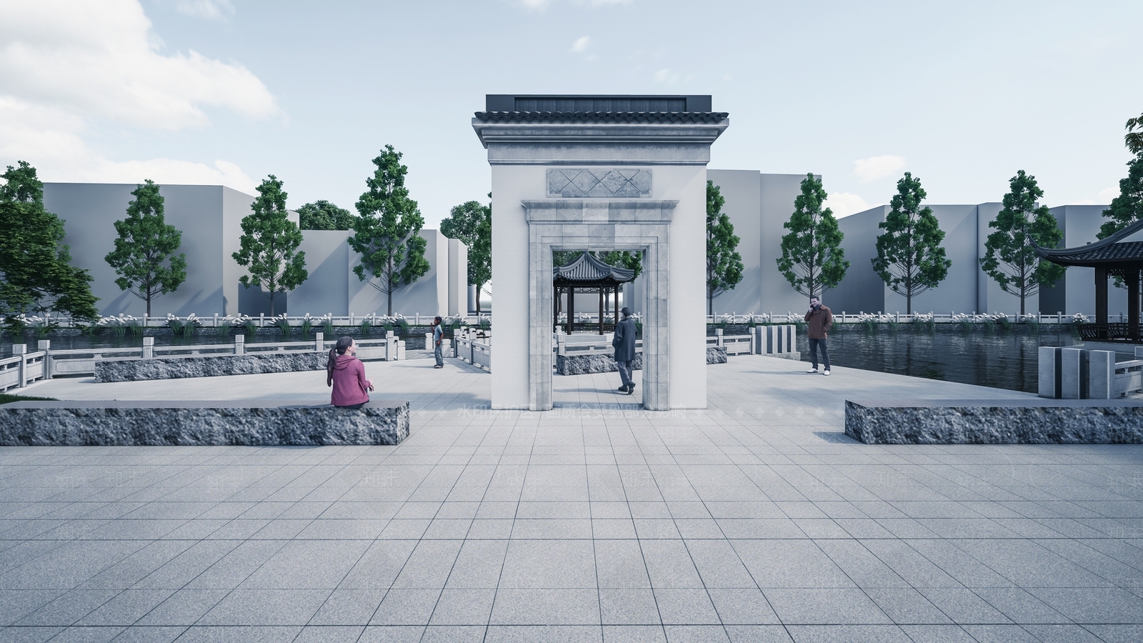 中式乡村滨水小公园景观SU模型下载【ID:1108524350】