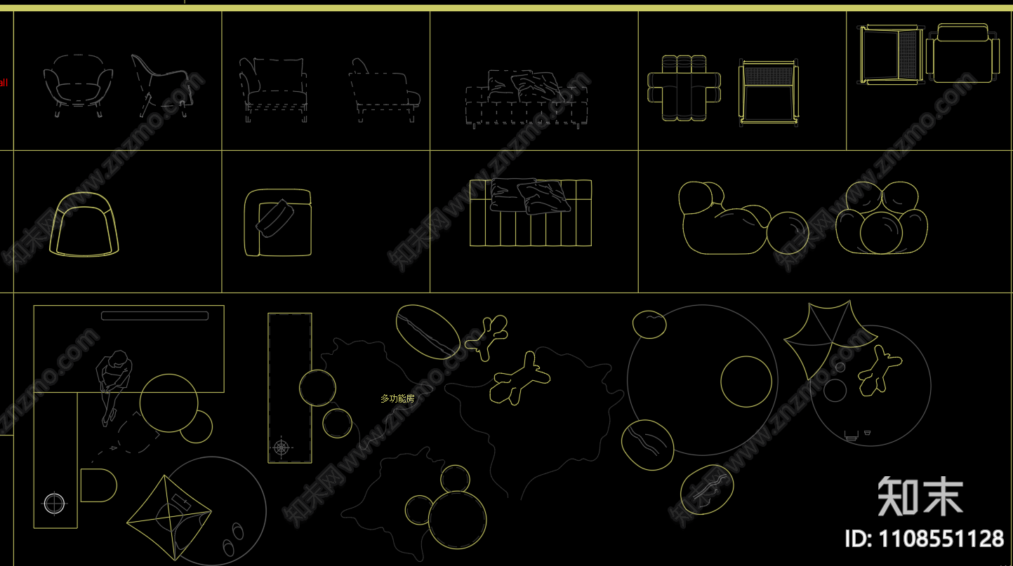 意式家具沙发床品单人椅cad图块施工图下载【ID:1108551128】