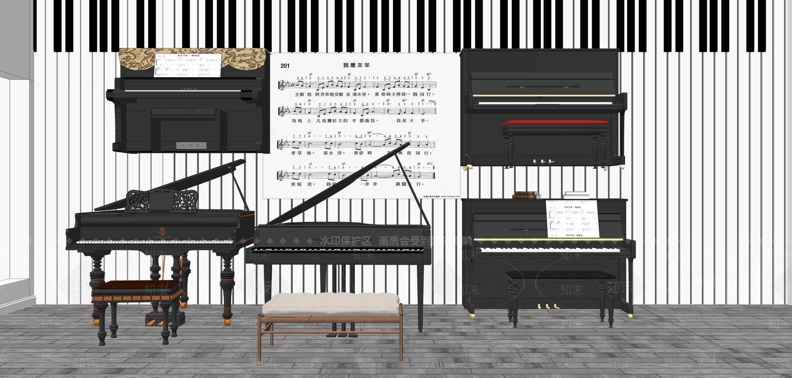 美式钢琴SU模型下载【ID:1108552004】