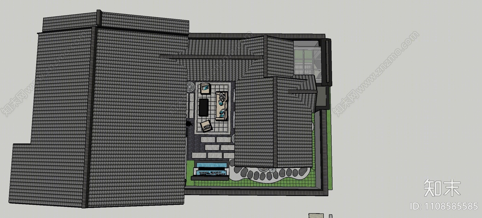 新中式庭院花园SU模型下载【ID:1108585585】