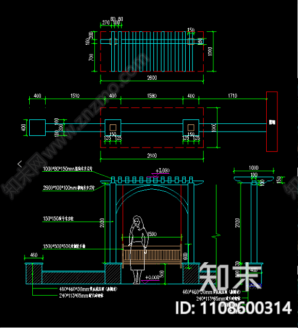 秋千廊架cad施工图下载【ID:1108600314】