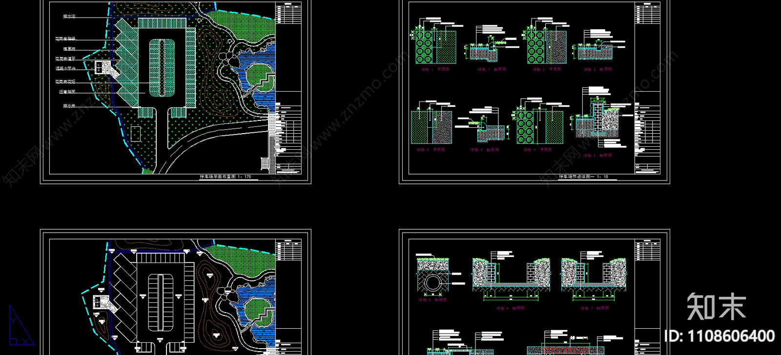 停车场平面布置及绿化地铺节点图cad施工图下载【ID:1108606400】