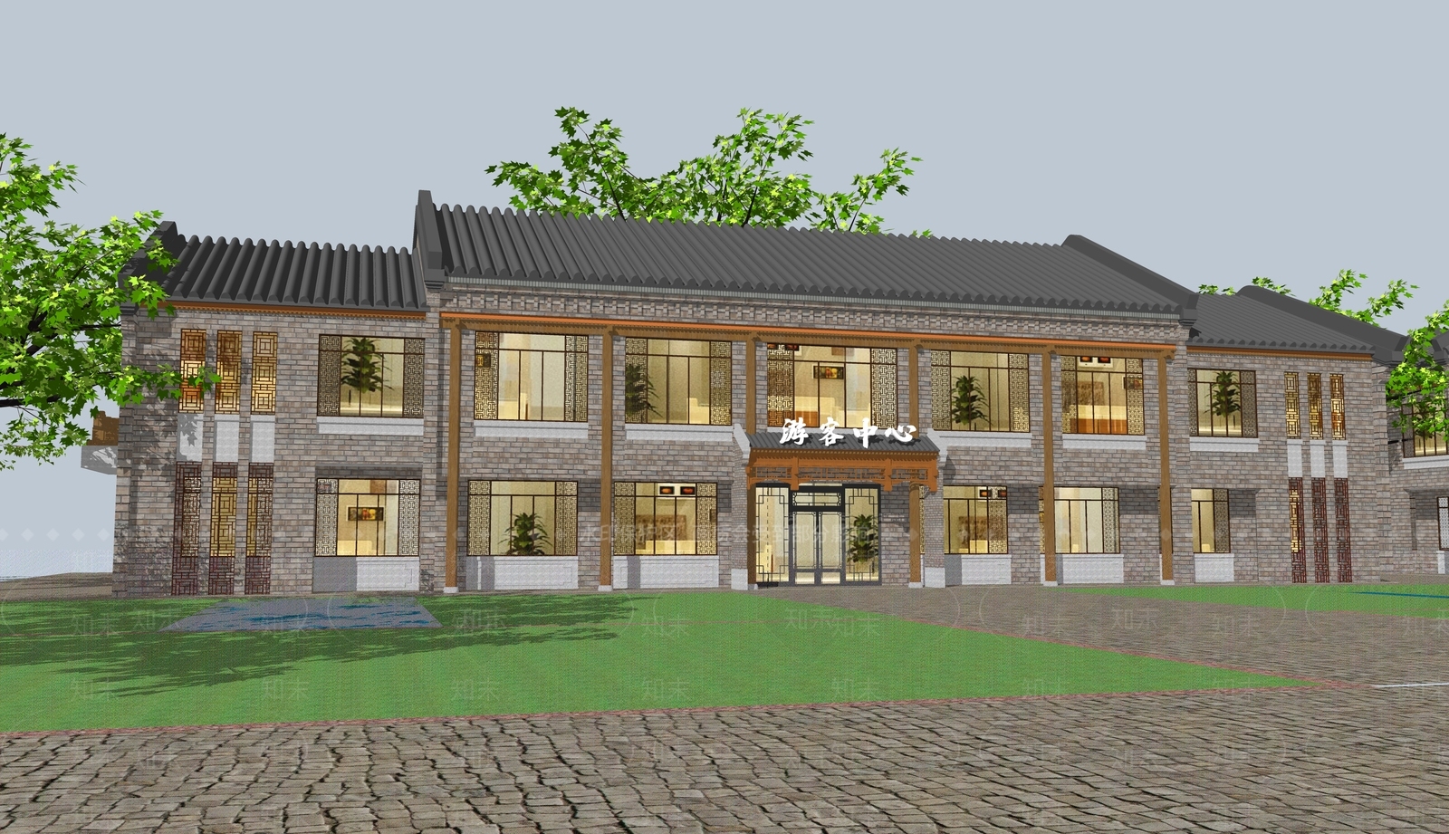新中式游客中心SU模型下载【ID:1108606866】