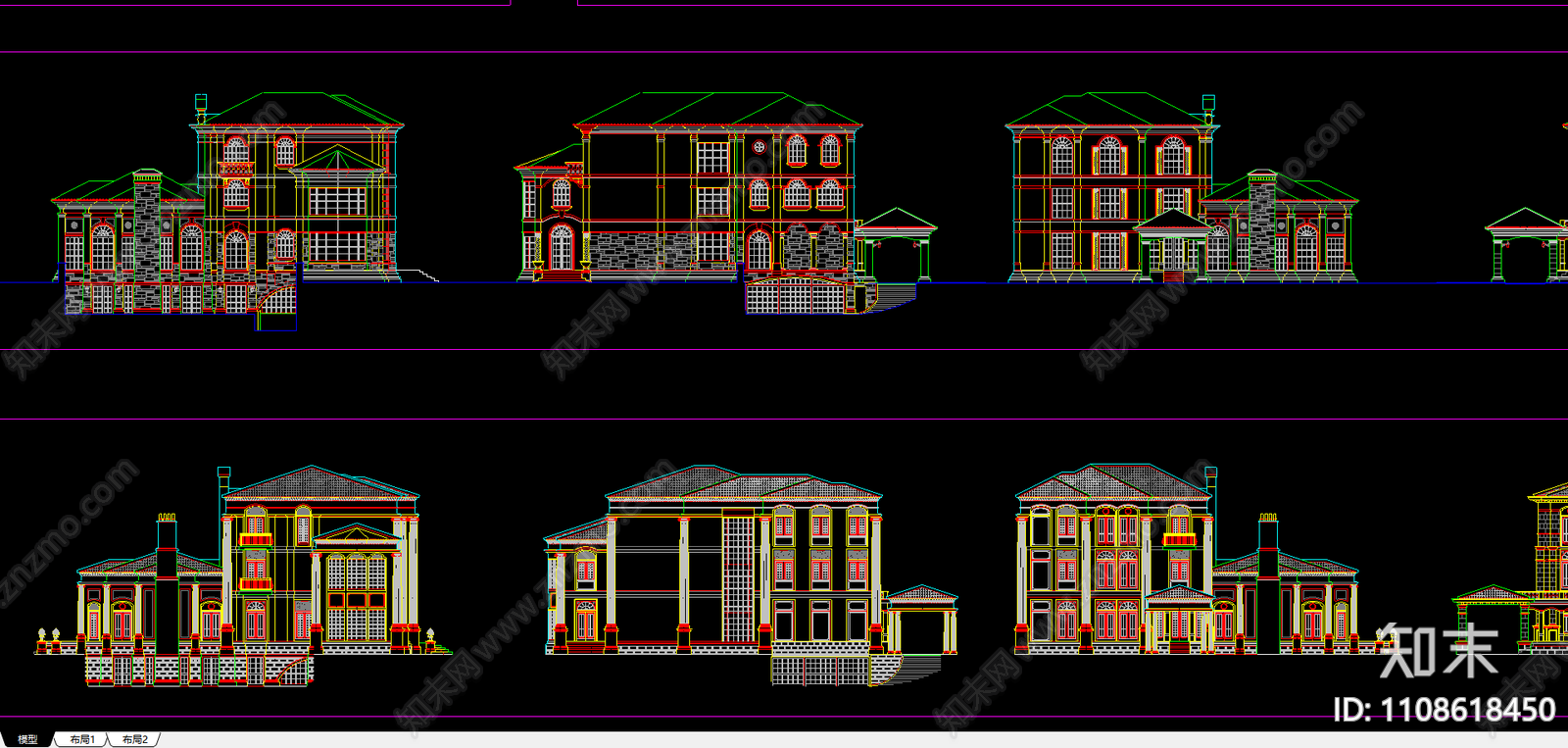 别墅外立面图施工图下载【ID:1108618450】