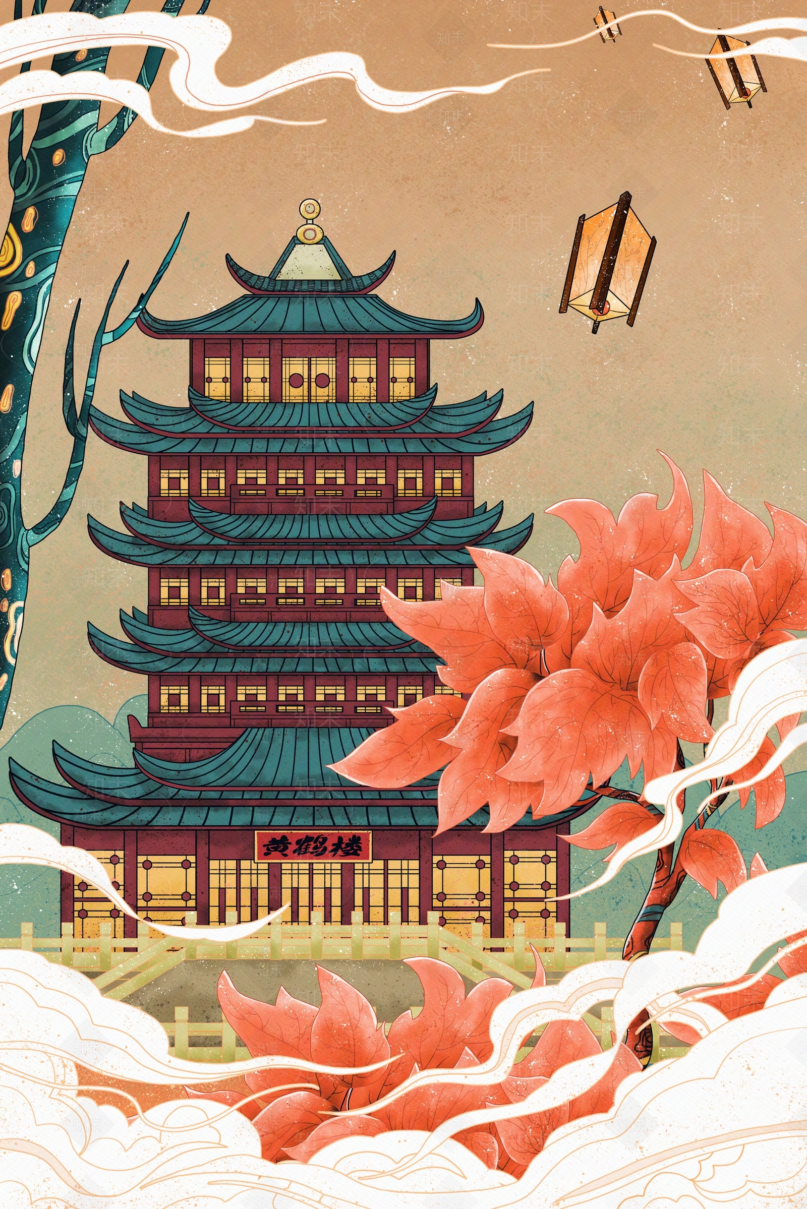 古风国潮古建筑装饰画贴图下载【ID:1108618502】