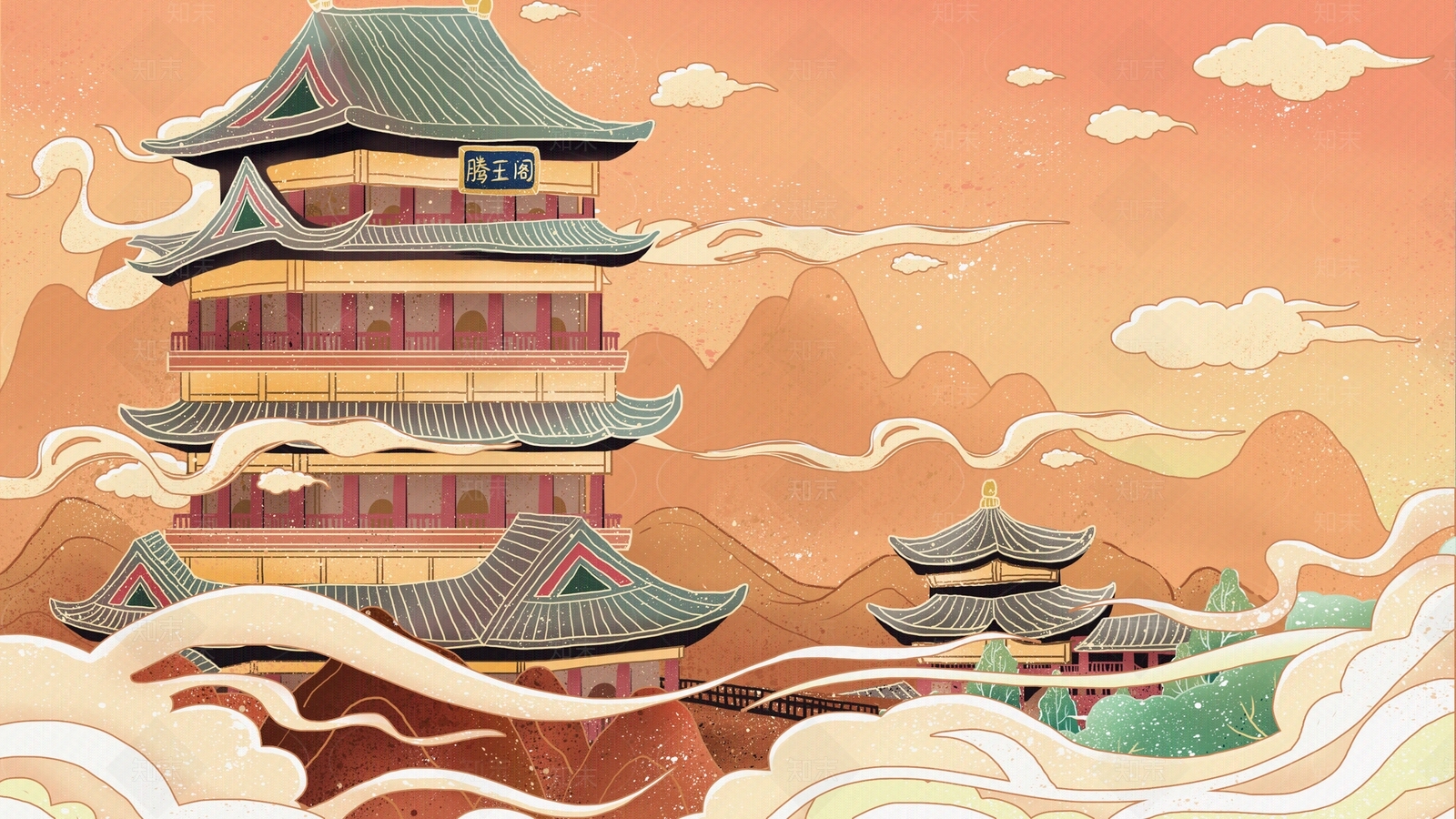 古风国潮古建筑壁画贴图下载【ID:1108619542】