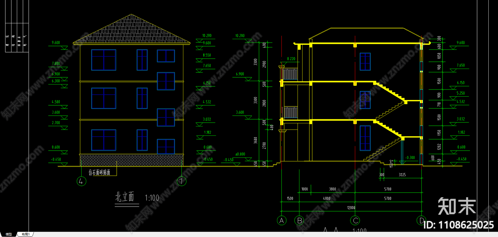 3层别墅建筑结构图cad施工图下载【ID:1108625025】