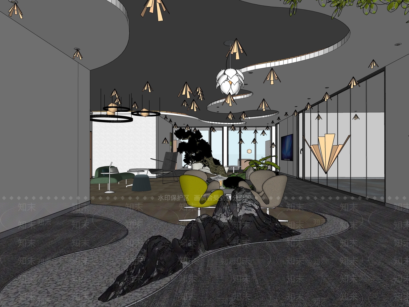 现代办公室休闲区域SU模型下载【ID:1108638520】