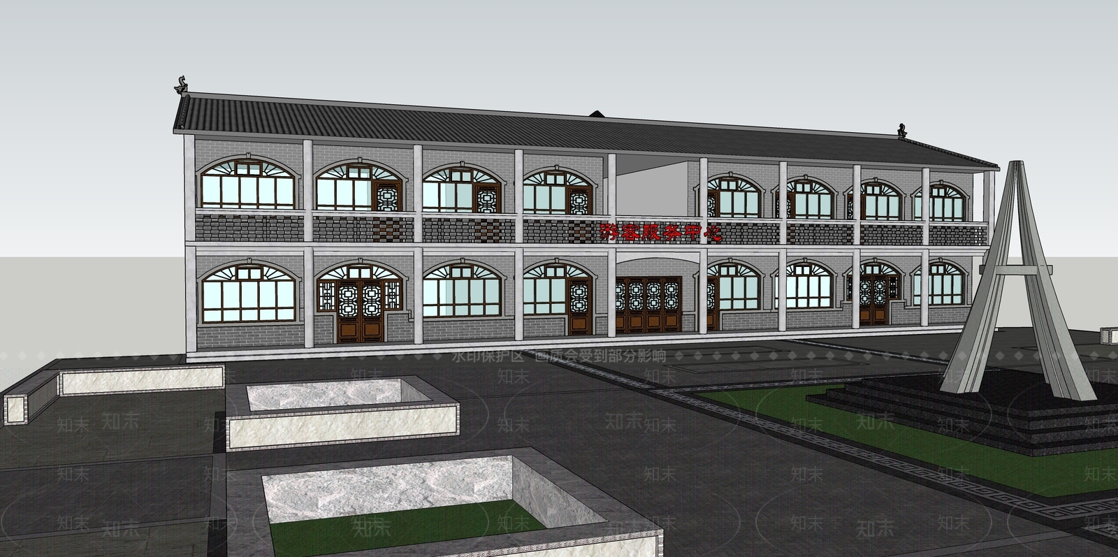 新中式游客中心SU模型下载【ID:1108649788】