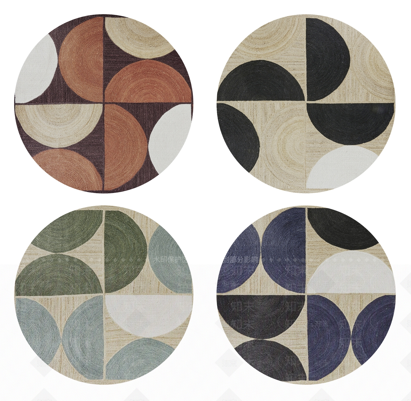 现代黑米红蓝绿色圆形地毯组合3D模型下载【ID:1108657774】