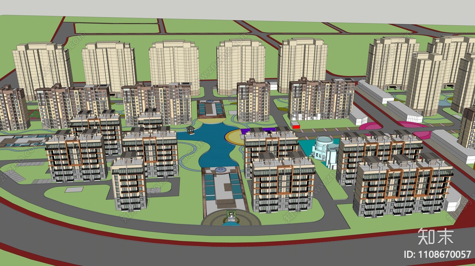 现代居住区规划景观设计SU模型下载【ID:1108670057】