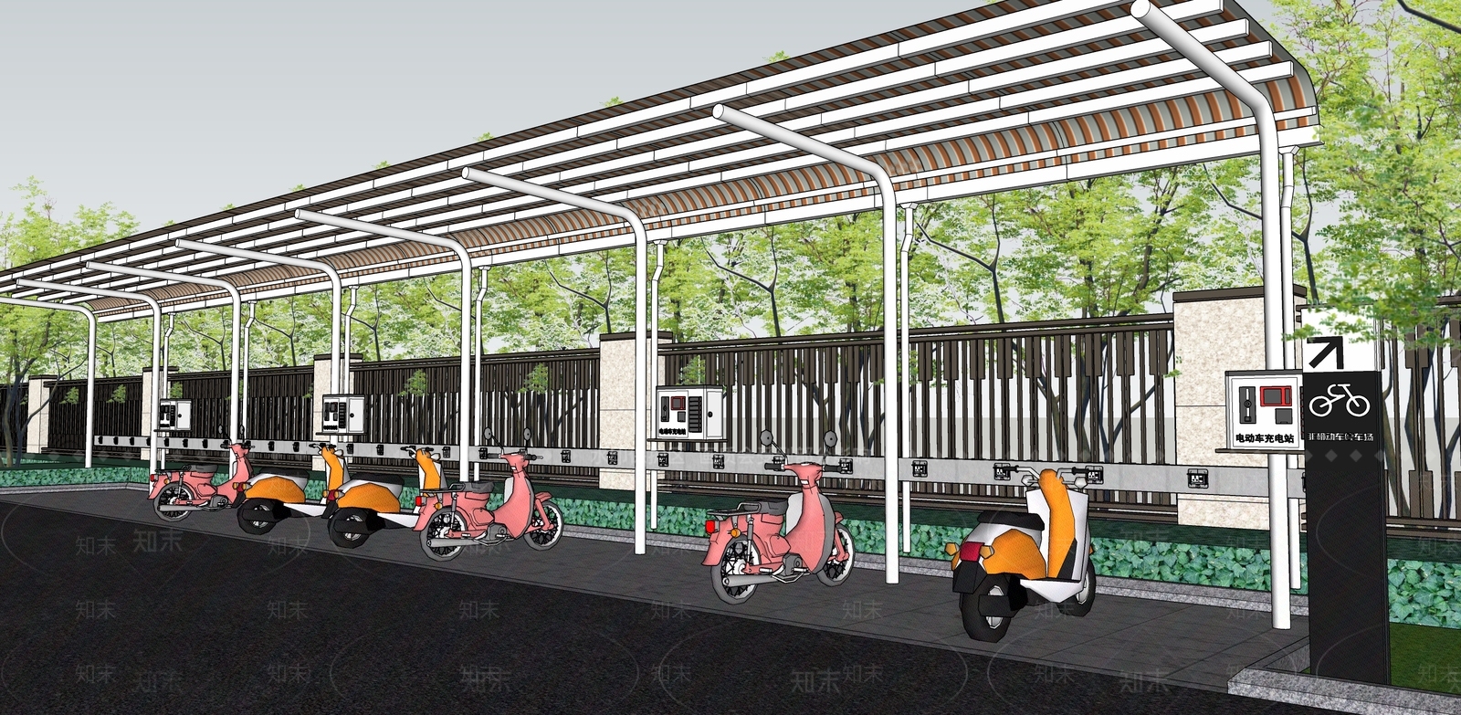 现代电动车自行车停车棚SU模型下载【ID:1108672673】