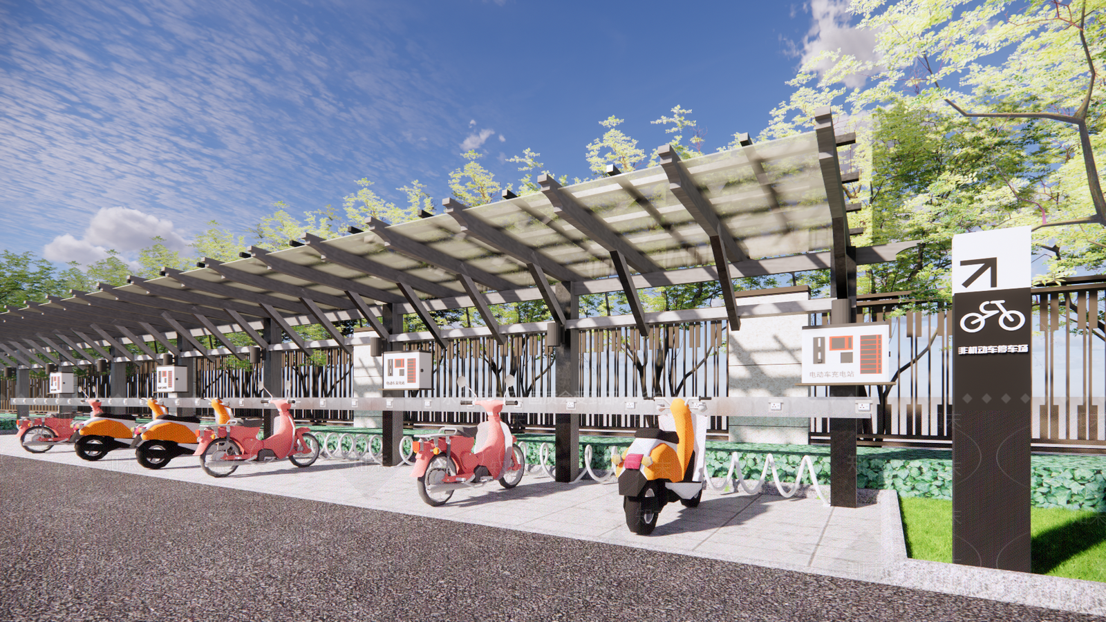 现代电动车自行车停车棚SU模型下载【ID:1108673946】